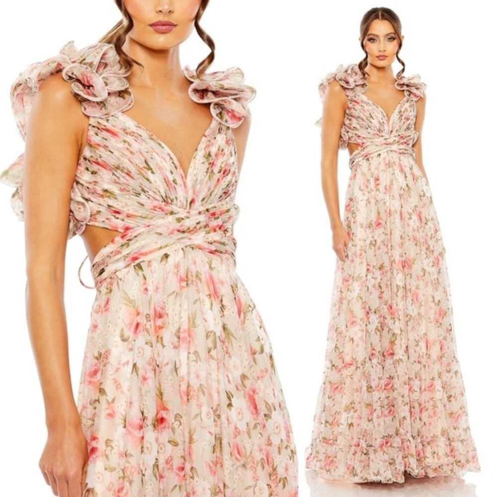 Mac Duggal NEW Ruffle Tiered Cut-Out Lace-up Chiffon Floral Gown $598 - Size 4